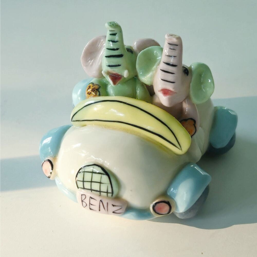 Vintage Miniature Ceramic Elephants in Benz Car | 1990s Whimsical Pastel Kitsch